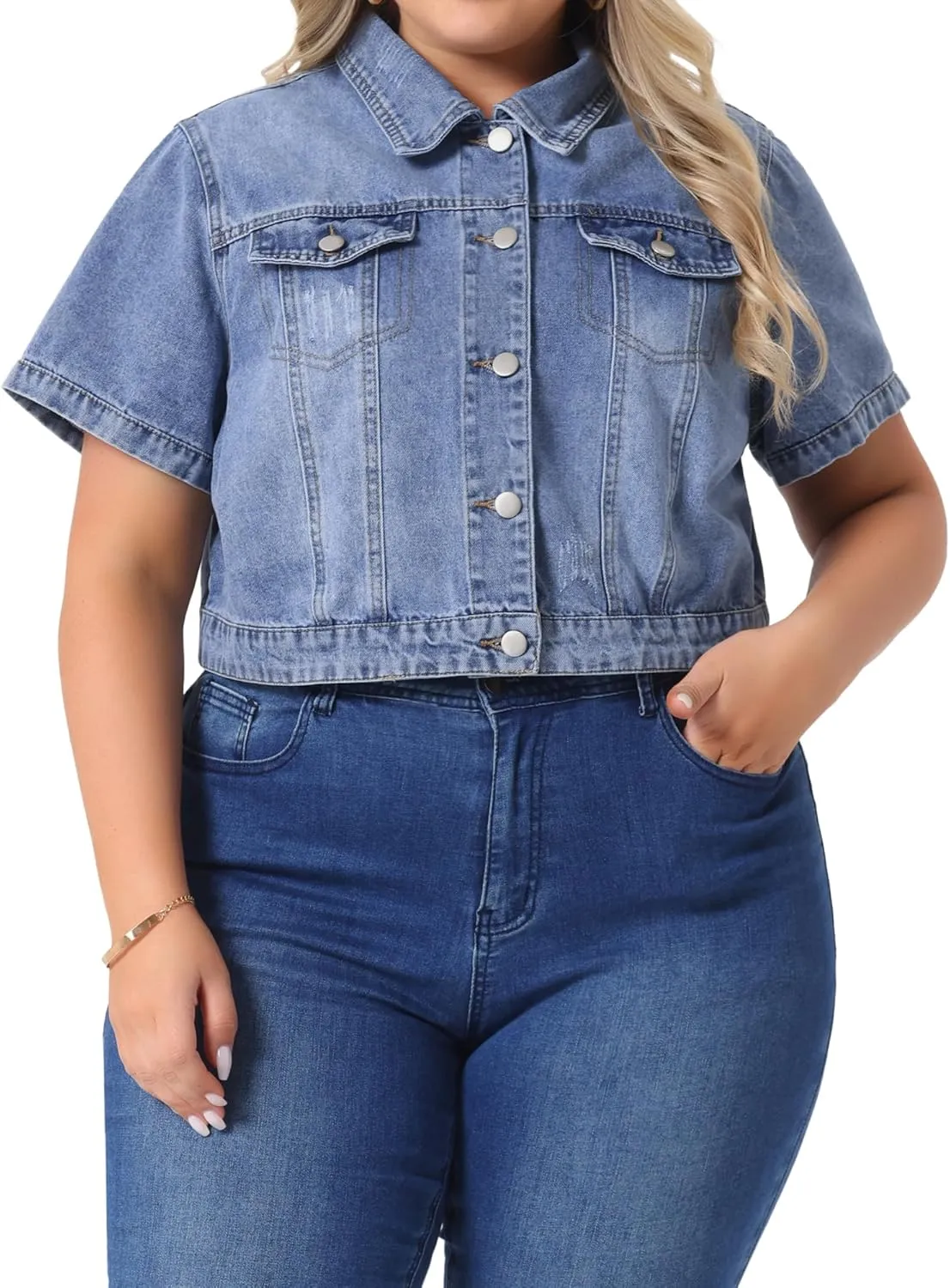 Agnes Orinda Plus Size Denim Jacket for Women Short Sleeves Button Down Cropped Jean Jackets