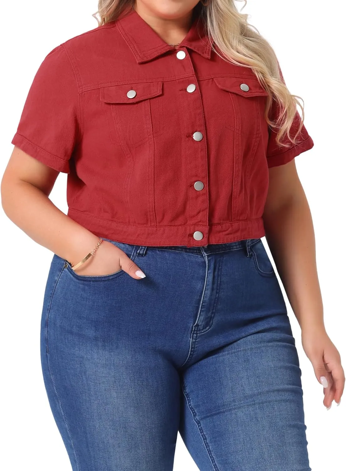 Agnes Orinda Plus Size Denim Jacket for Women Short Sleeves Button Down Cropped Jean Jackets