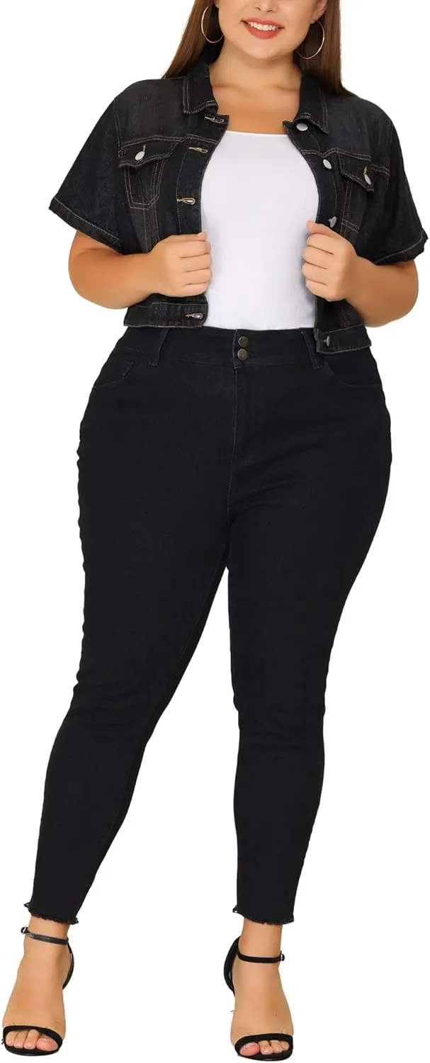 Agnes Orinda Plus Size Denim Jacket for Women Short Sleeves Button Down Cropped Jean Jackets