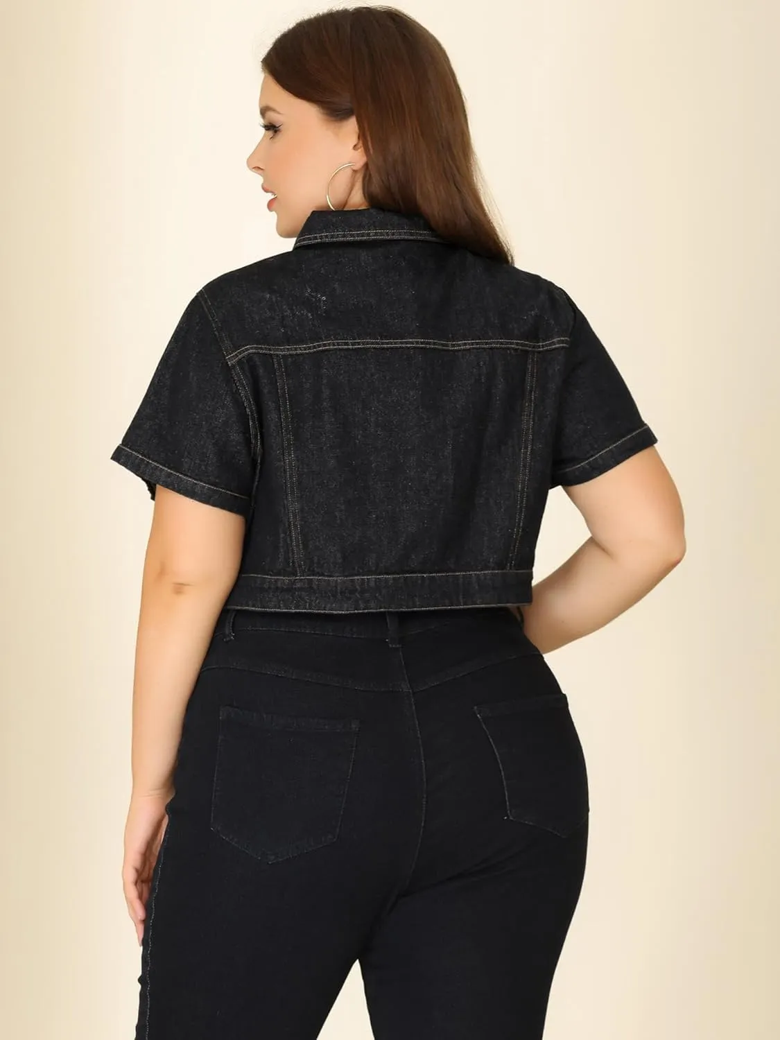 Agnes Orinda Plus Size Denim Jacket for Women Short Sleeves Button Down Cropped Jean Jackets