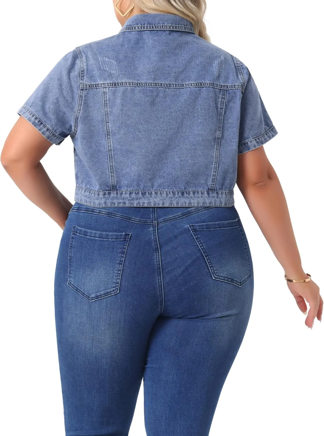 Agnes Orinda Plus Size Denim Jacket for Women Short Sleeves Button Down Cropped Jean Jackets
