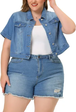 Agnes Orinda Plus Size Denim Jacket for Women Short Sleeves Button Down Cropped Jean Jackets