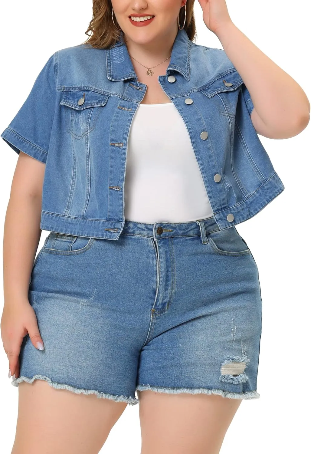 Agnes Orinda Plus Size Denim Jacket for Women Short Sleeves Button Down Cropped Jean Jackets