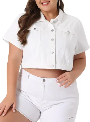 Agnes Orinda Plus Size Denim Jacket for Women Short Sleeves Button Down Cropped Jean Jackets