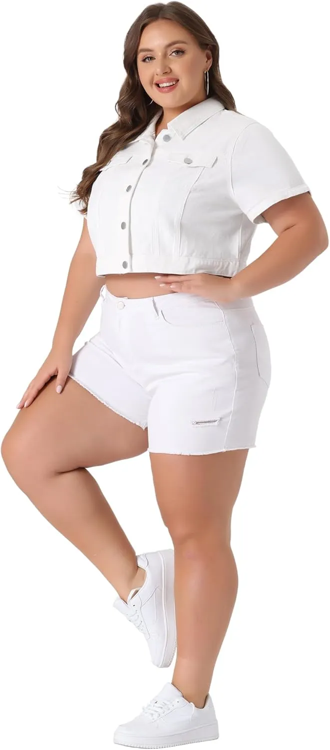 Agnes Orinda Plus Size Denim Jacket for Women Short Sleeves Button Down Cropped Jean Jackets