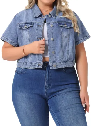 Agnes Orinda Plus Size Denim Jacket for Women Short Sleeves Button Down Cropped Jean Jackets