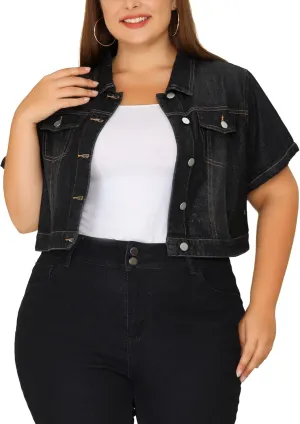 Agnes Orinda Plus Size Denim Jacket for Women Short Sleeves Button Down Cropped Jean Jackets
