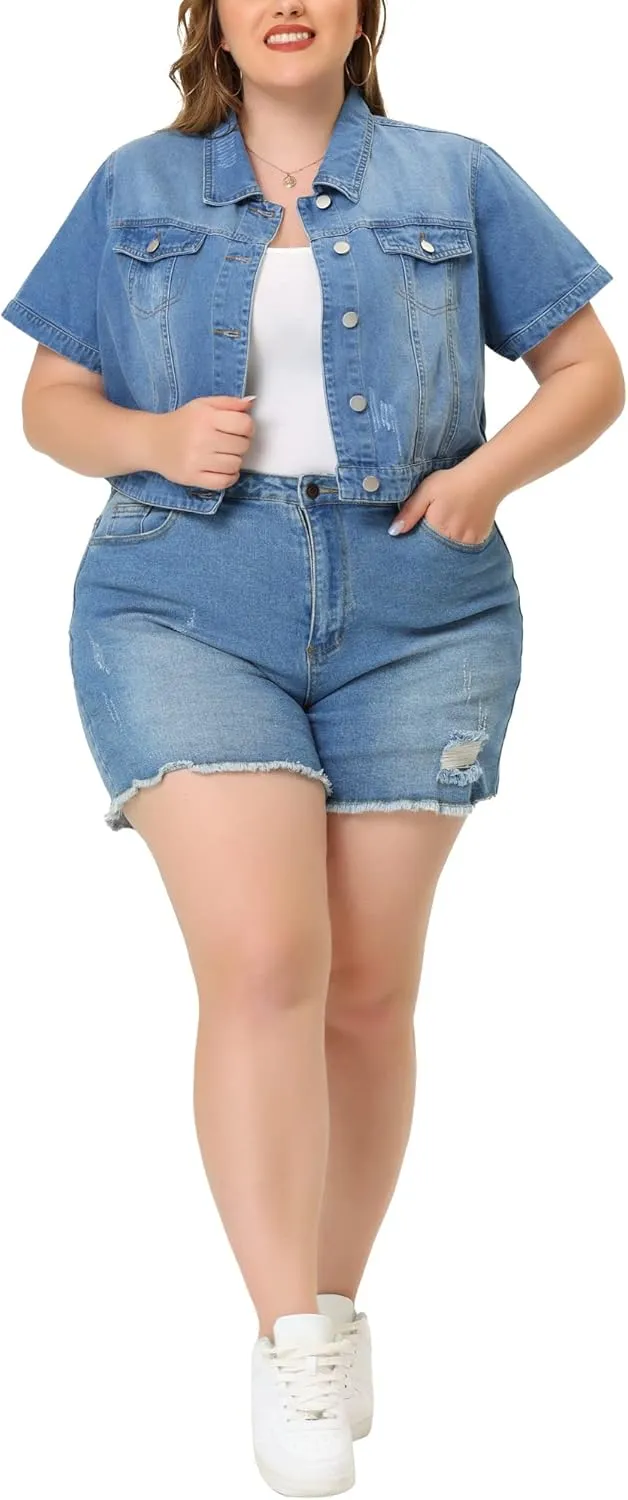 Agnes Orinda Plus Size Denim Jacket for Women Short Sleeves Button Down Cropped Jean Jackets