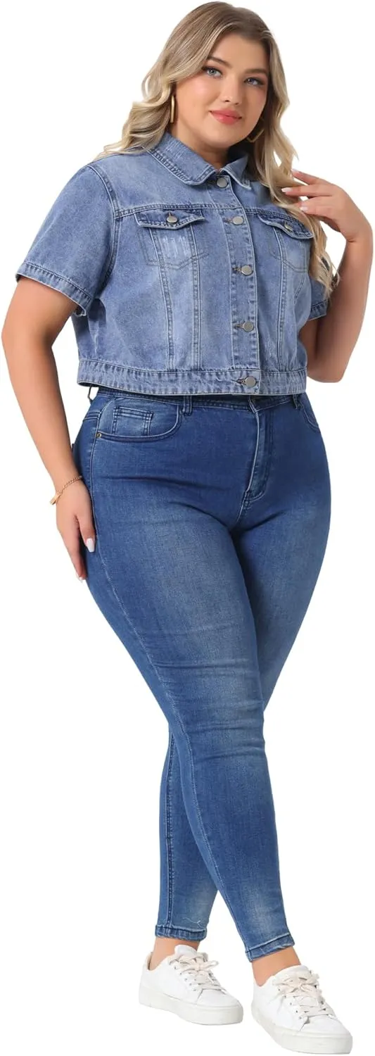 Agnes Orinda Plus Size Denim Jacket for Women Short Sleeves Button Down Cropped Jean Jackets