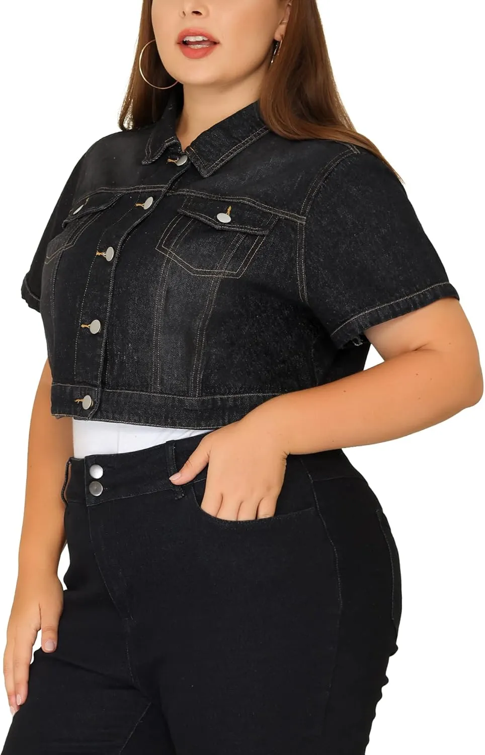 Agnes Orinda Plus Size Denim Jacket for Women Short Sleeves Button Down Cropped Jean Jackets