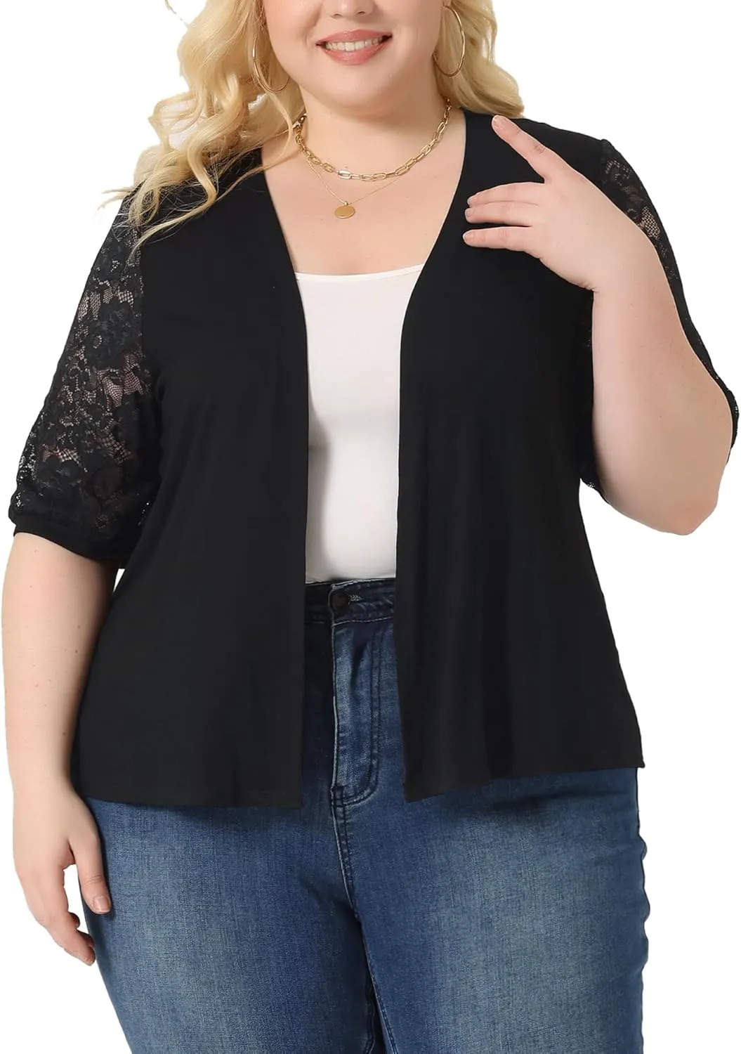 Agnes Orinda Plus Size Elegant Cardigan for Women Lightweight V Neck Lace Half Sleeve Casual Open Front Cardigans