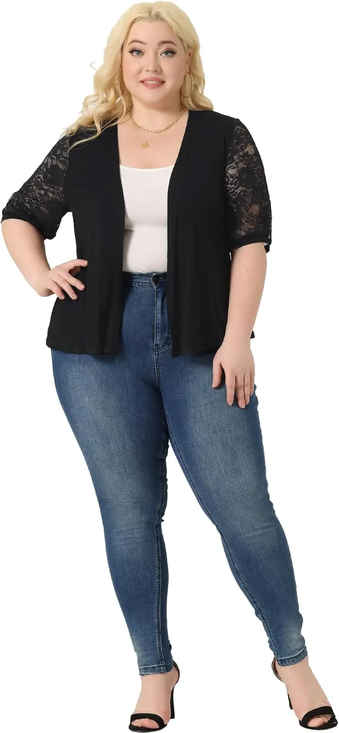 Agnes Orinda Plus Size Elegant Cardigan for Women Lightweight V Neck Lace Half Sleeve Casual Open Front Cardigans