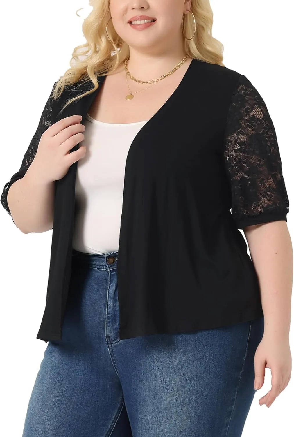 Agnes Orinda Plus Size Elegant Cardigan for Women Lightweight V Neck Lace Half Sleeve Casual Open Front Cardigans