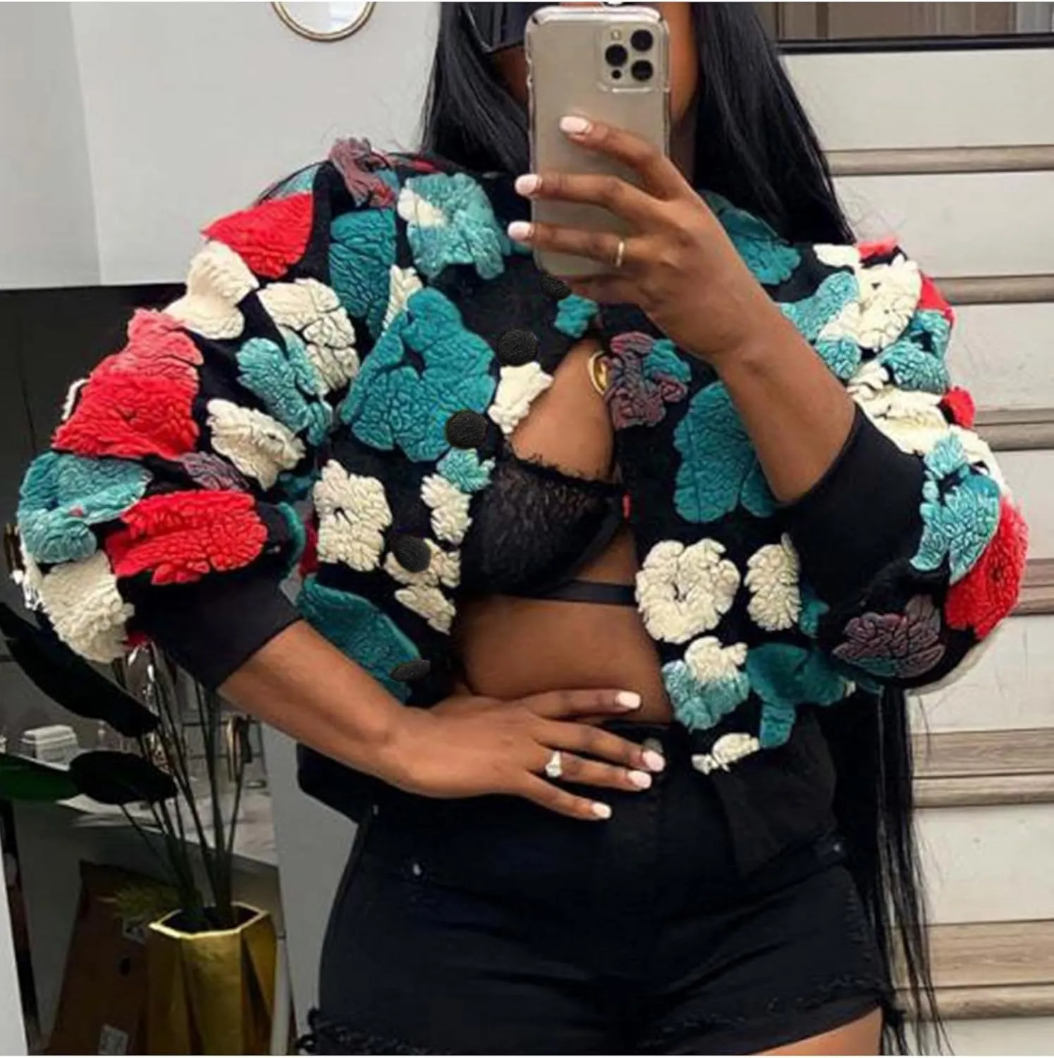 Aimiray Women's Cropped Floral Print Jacket Long Sleeve Fleece Warm Bomber Jacket Lightweight Button Varsity Coats