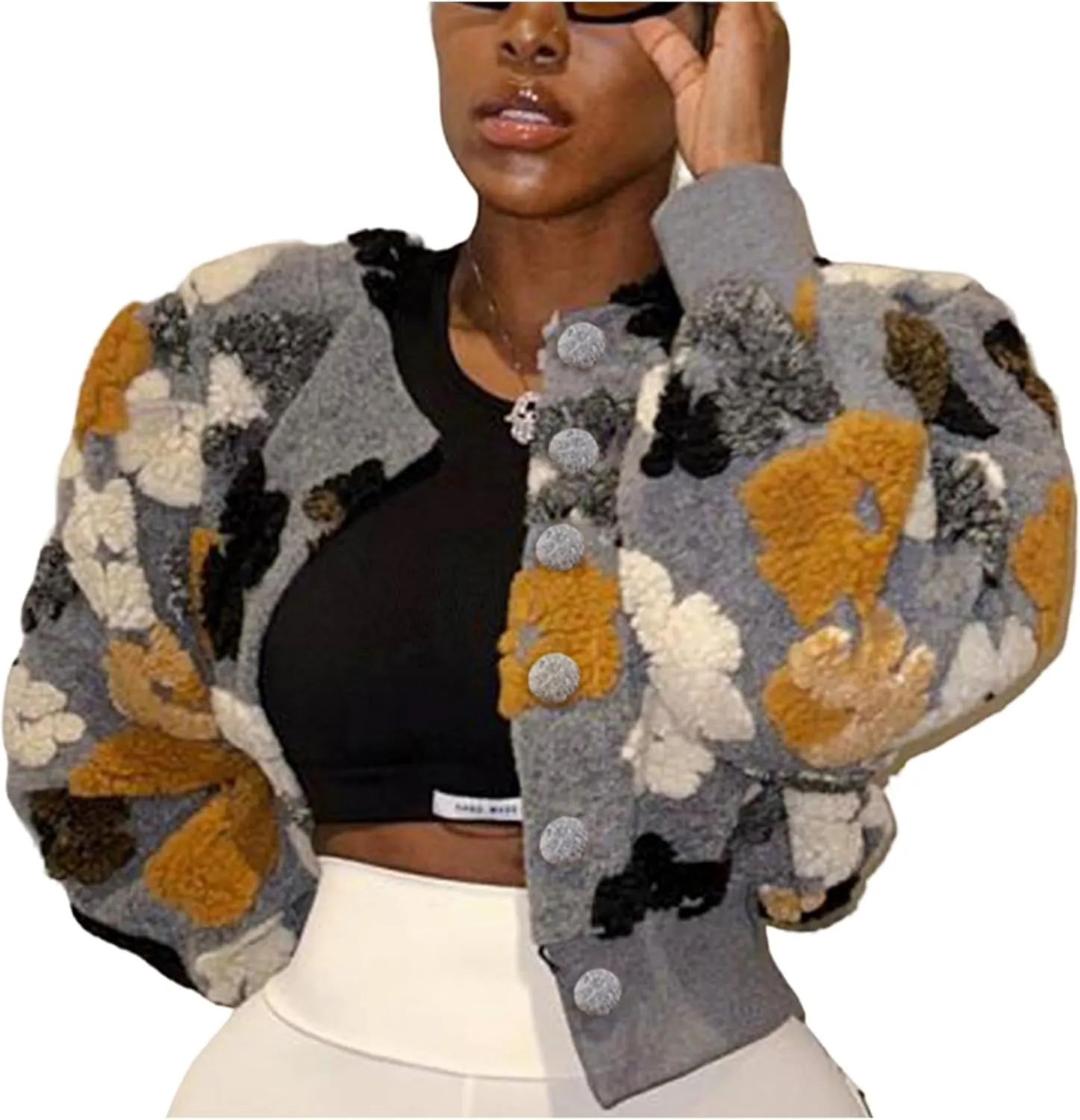 Aimiray Women's Cropped Floral Print Jacket Long Sleeve Fleece Warm Bomber Jacket Lightweight Button Varsity Coats