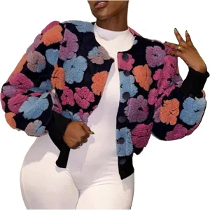 Aimiray Women's Cropped Floral Print Jacket Long Sleeve Fleece Warm Bomber Jacket Lightweight Button Varsity Coats