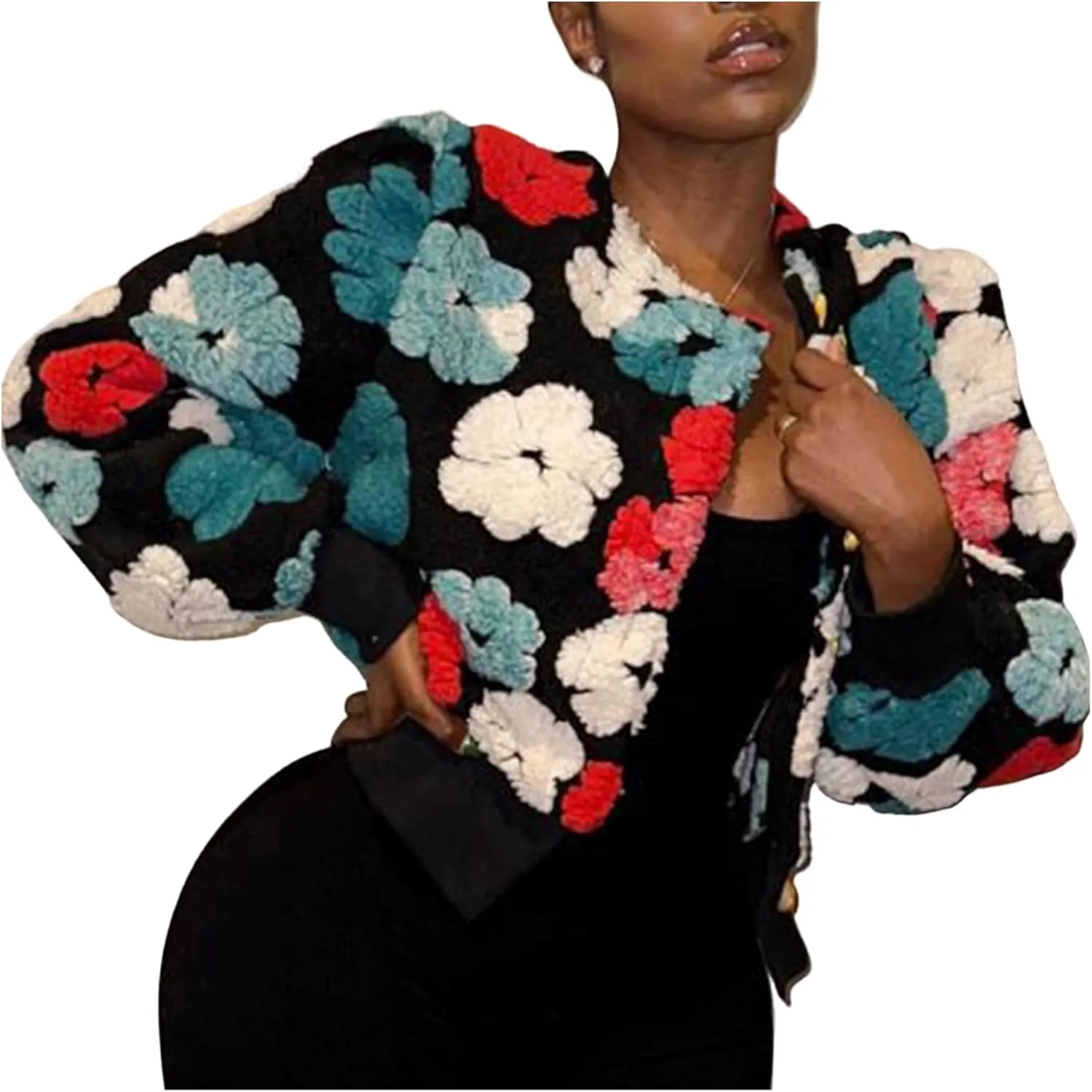 Aimiray Women's Cropped Floral Print Jacket Long Sleeve Fleece Warm Bomber Jacket Lightweight Button Varsity Coats