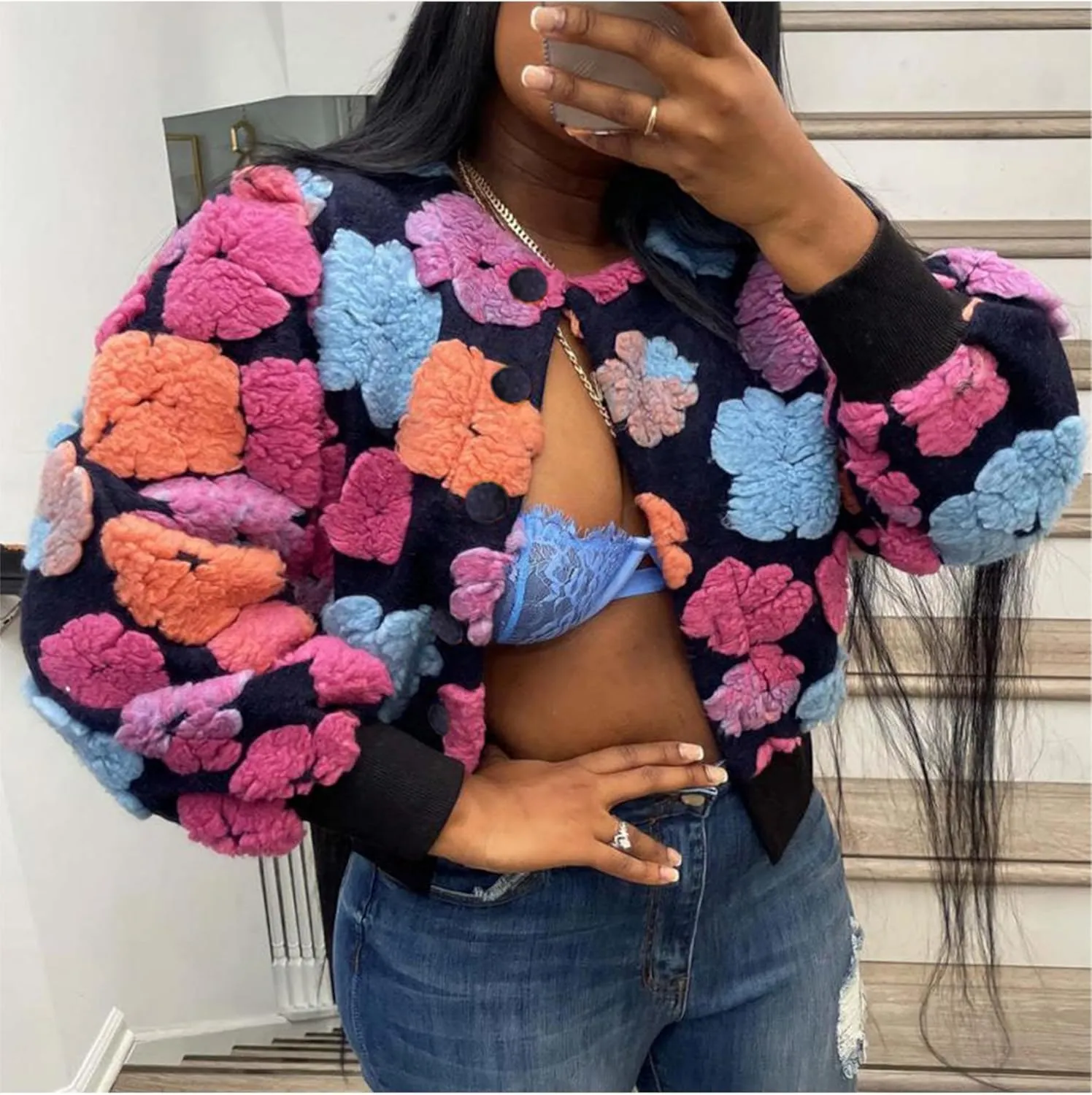Aimiray Women's Cropped Floral Print Jacket Long Sleeve Fleece Warm Bomber Jacket Lightweight Button Varsity Coats