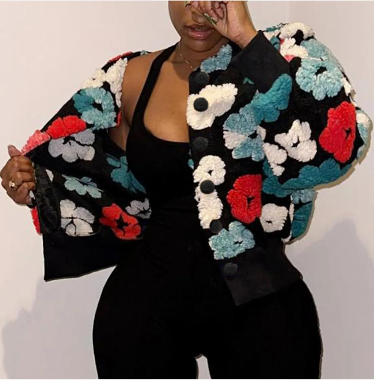 Aimiray Women's Cropped Floral Print Jacket Long Sleeve Fleece Warm Bomber Jacket Lightweight Button Varsity Coats