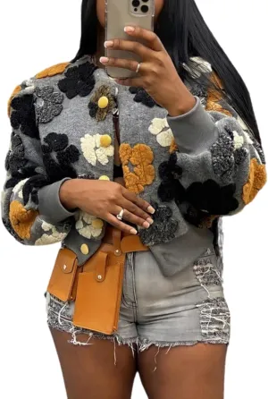 Aimiray Women's Cropped Floral Print Jacket Long Sleeve Fleece Warm Bomber Jacket Lightweight Button Varsity Coats