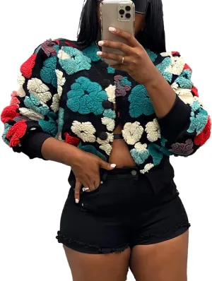 Aimiray Women's Cropped Floral Print Jacket Long Sleeve Fleece Warm Bomber Jacket Lightweight Button Varsity Coats