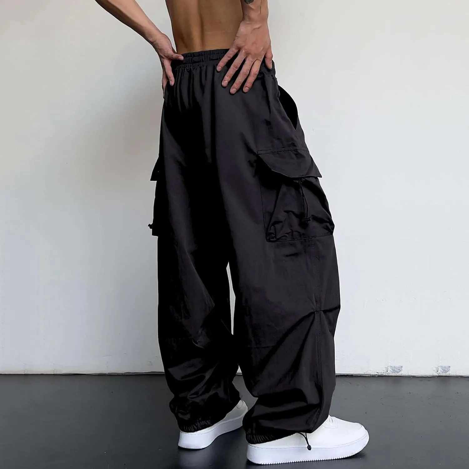 Alalaso Men's Baggy Cargo Pants Trendy Casual Parachute Pants Loose Fit Harem Joggers with Pockets for Streetwear
