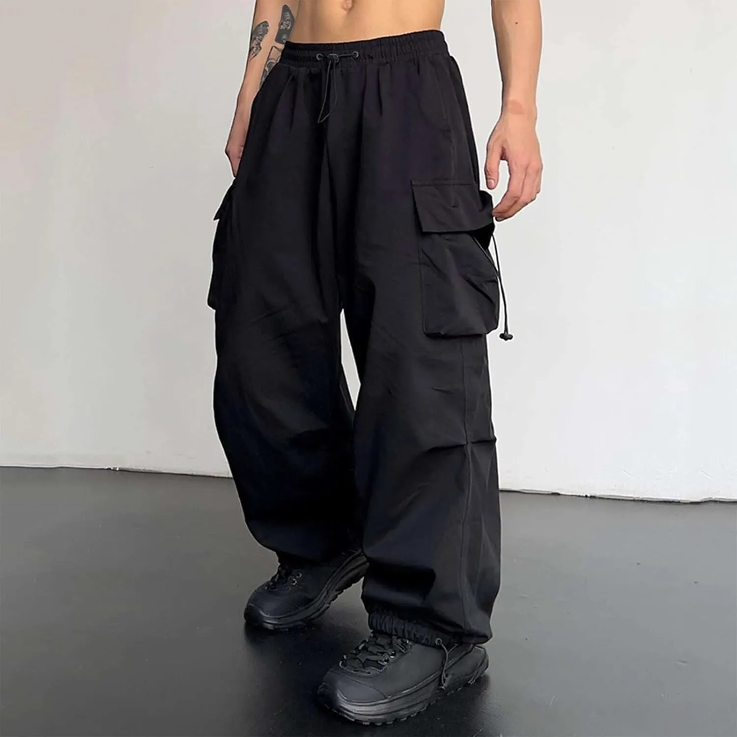 Alalaso Men's Baggy Cargo Pants Trendy Casual Parachute Pants Loose Fit Harem Joggers with Pockets for Streetwear