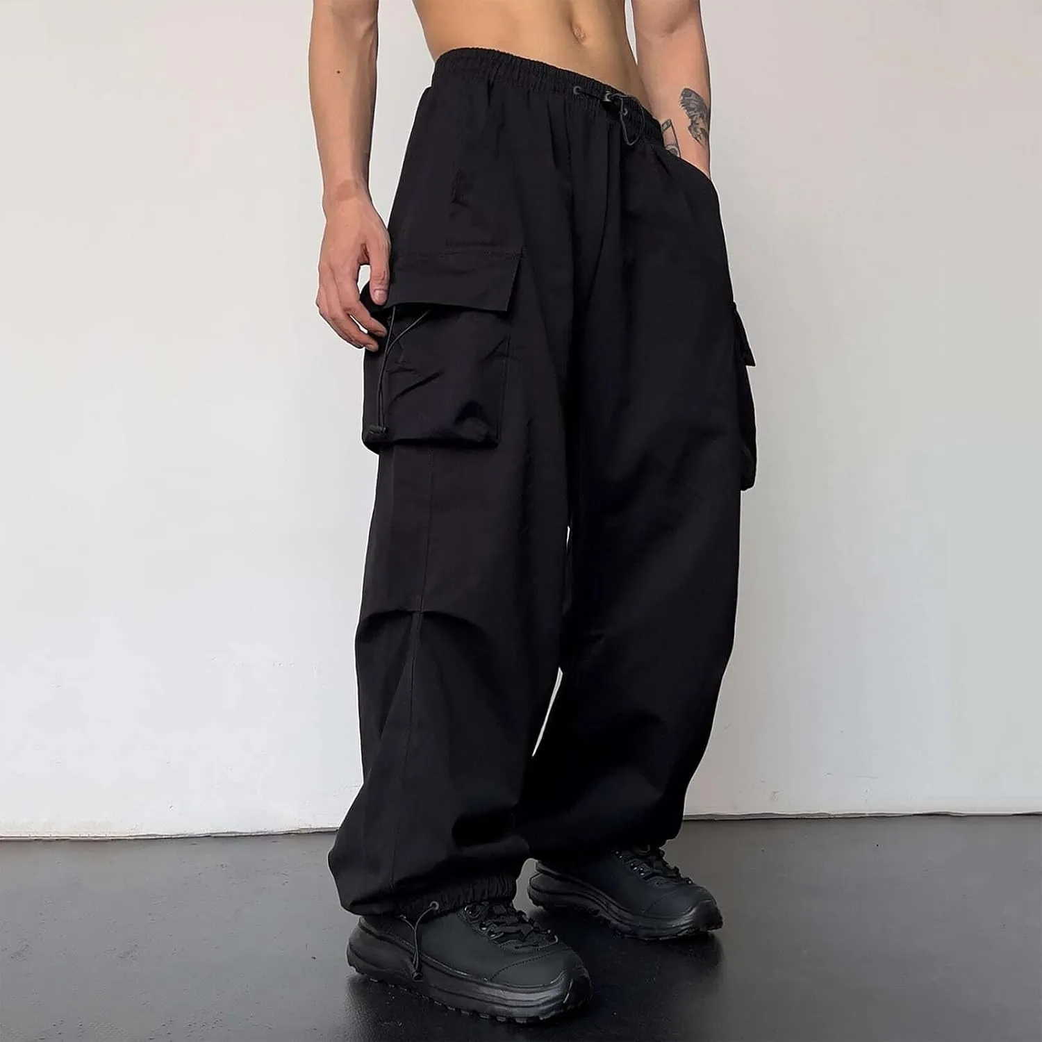 Alalaso Men's Baggy Cargo Pants Trendy Casual Parachute Pants Loose Fit Harem Joggers with Pockets for Streetwear
