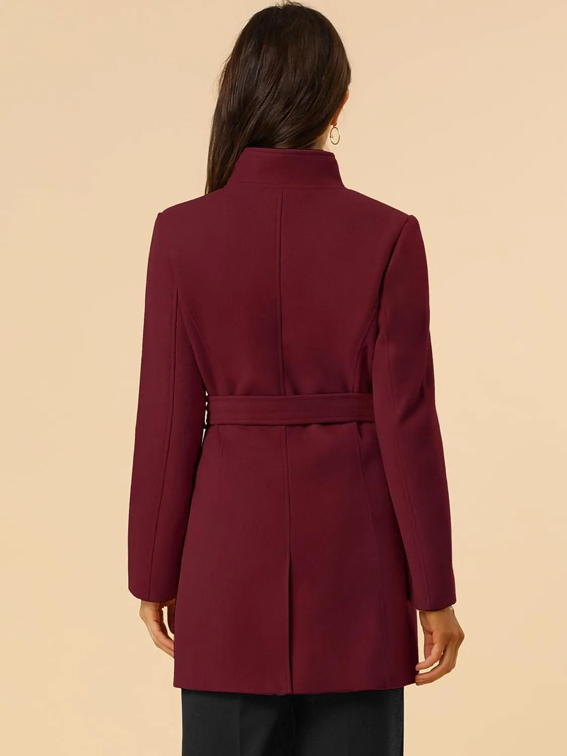 Allegra K Women's Classic Stand Collar Long Sleeve Winter Belted Long Coat