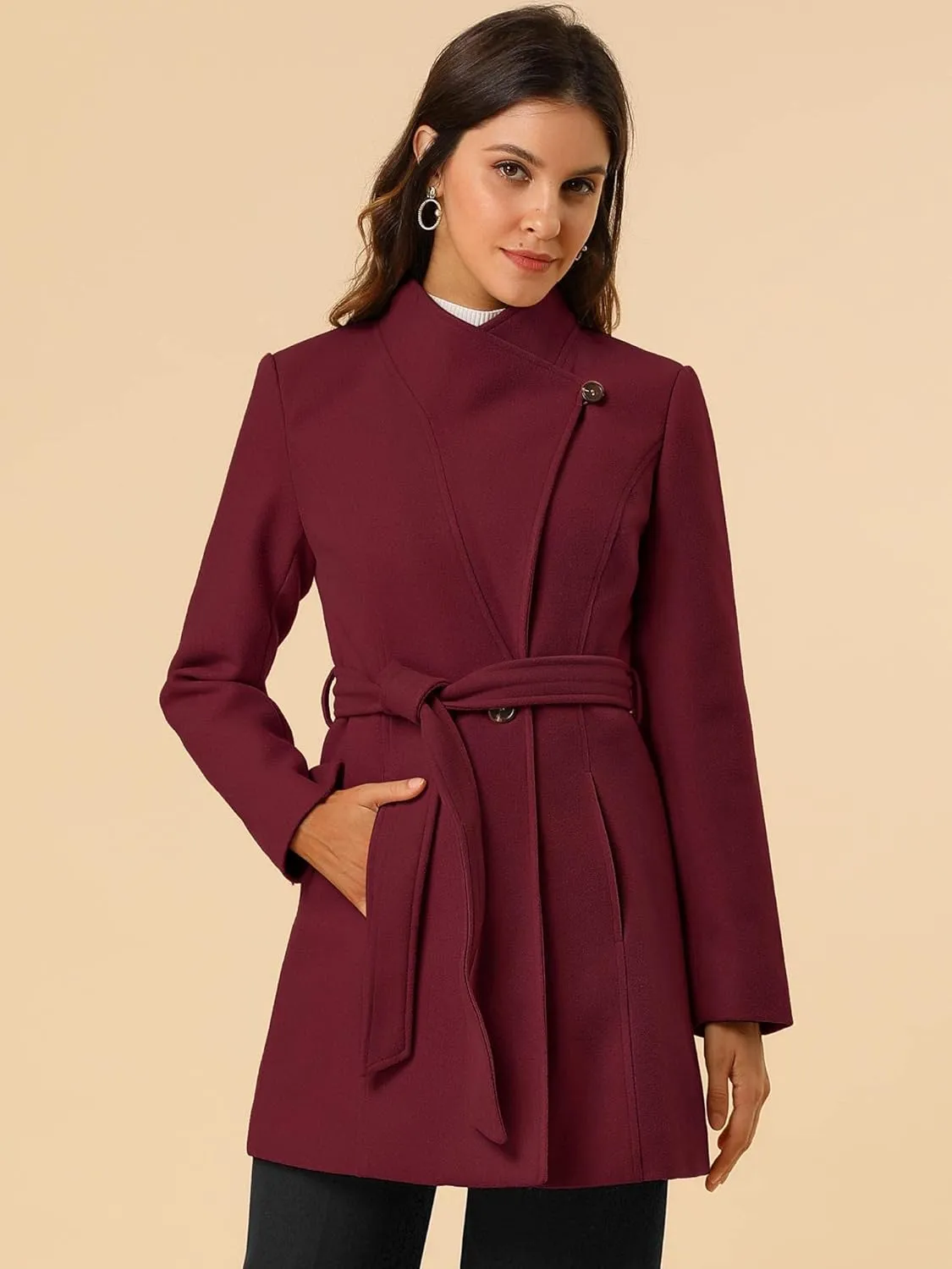 Allegra K Women's Classic Stand Collar Long Sleeve Winter Belted Long Coat