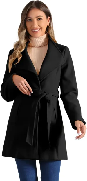 Allegra K Women's Classic Stand Collar Long Sleeve Winter Belted Long Coat