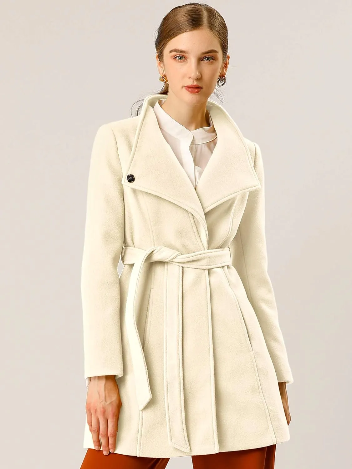 Allegra K Women's Classic Stand Collar Long Sleeve Winter Belted Long Coat