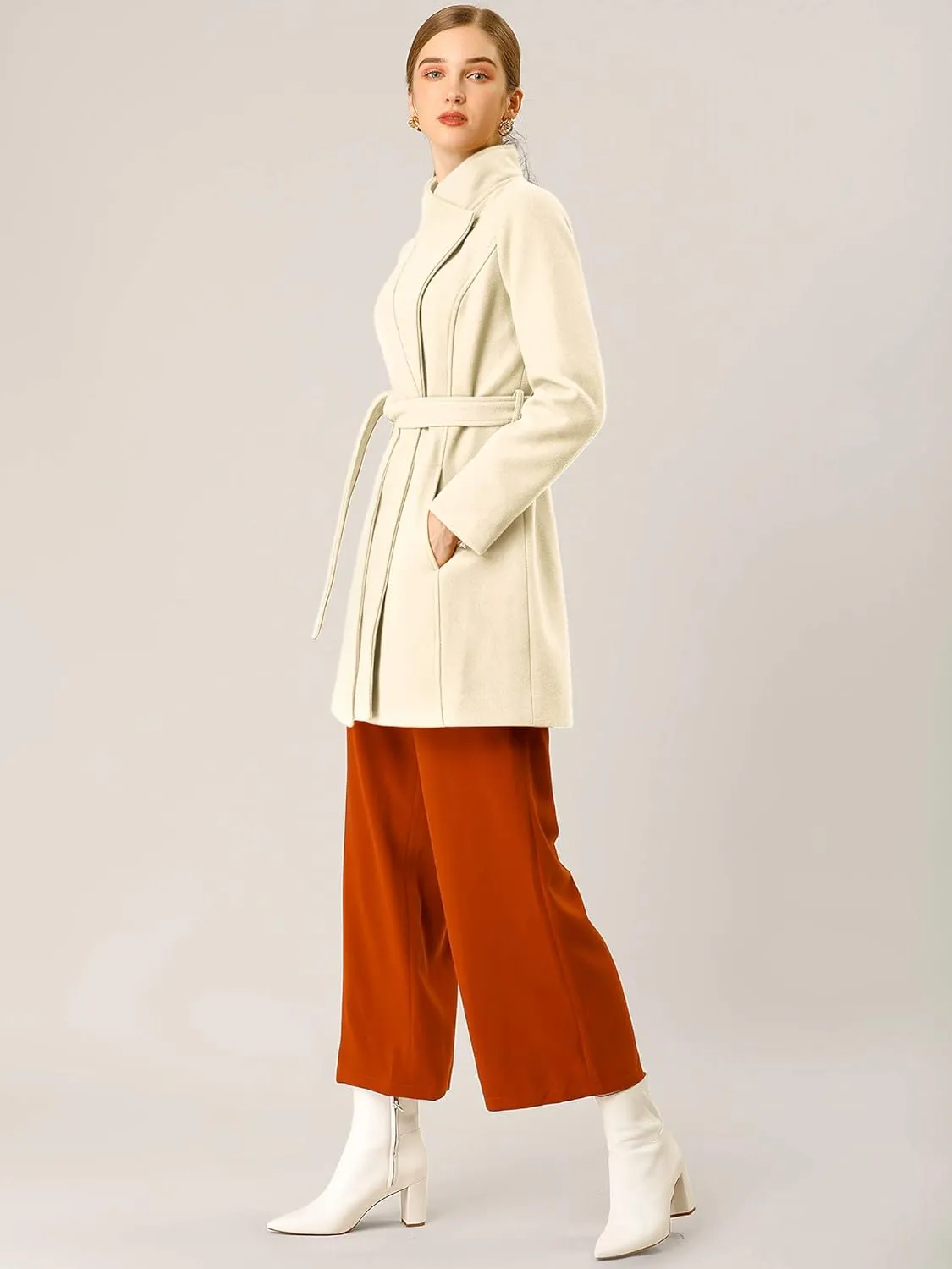 Allegra K Women's Classic Stand Collar Long Sleeve Winter Belted Long Coat
