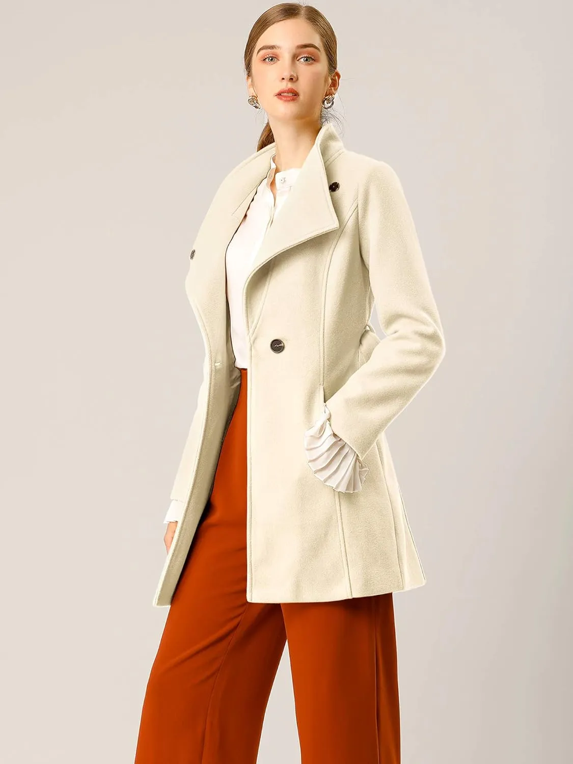 Allegra K Women's Classic Stand Collar Long Sleeve Winter Belted Long Coat