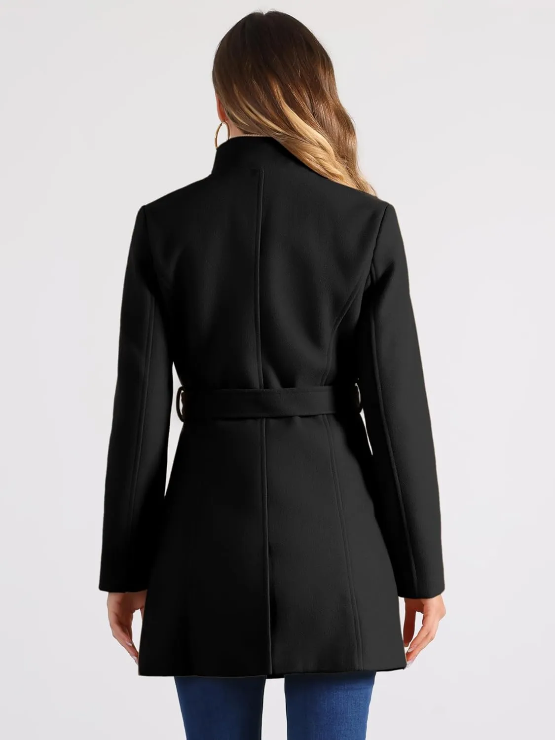 Allegra K Women's Classic Stand Collar Long Sleeve Winter Belted Long Coat