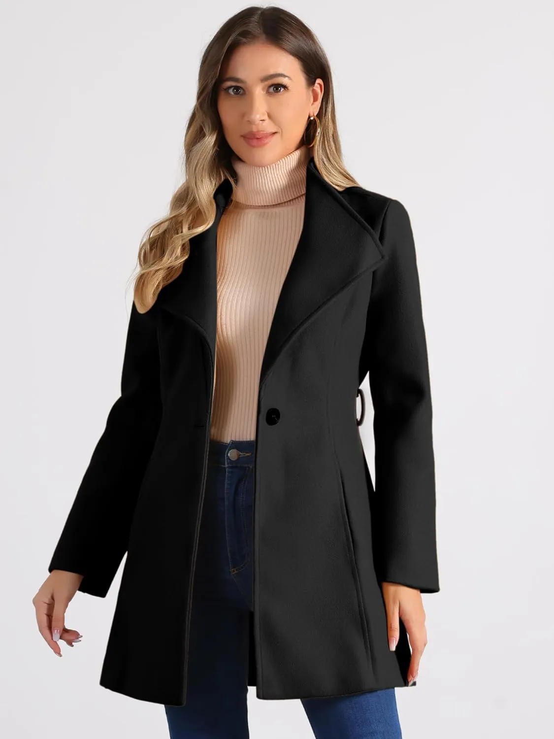 Allegra K Women's Classic Stand Collar Long Sleeve Winter Belted Long Coat