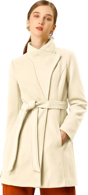 Allegra K Women's Classic Stand Collar Long Sleeve Winter Belted Long Coat