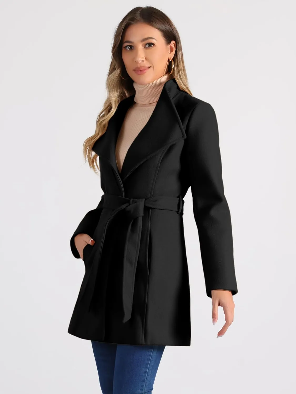 Allegra K Women's Classic Stand Collar Long Sleeve Winter Belted Long Coat