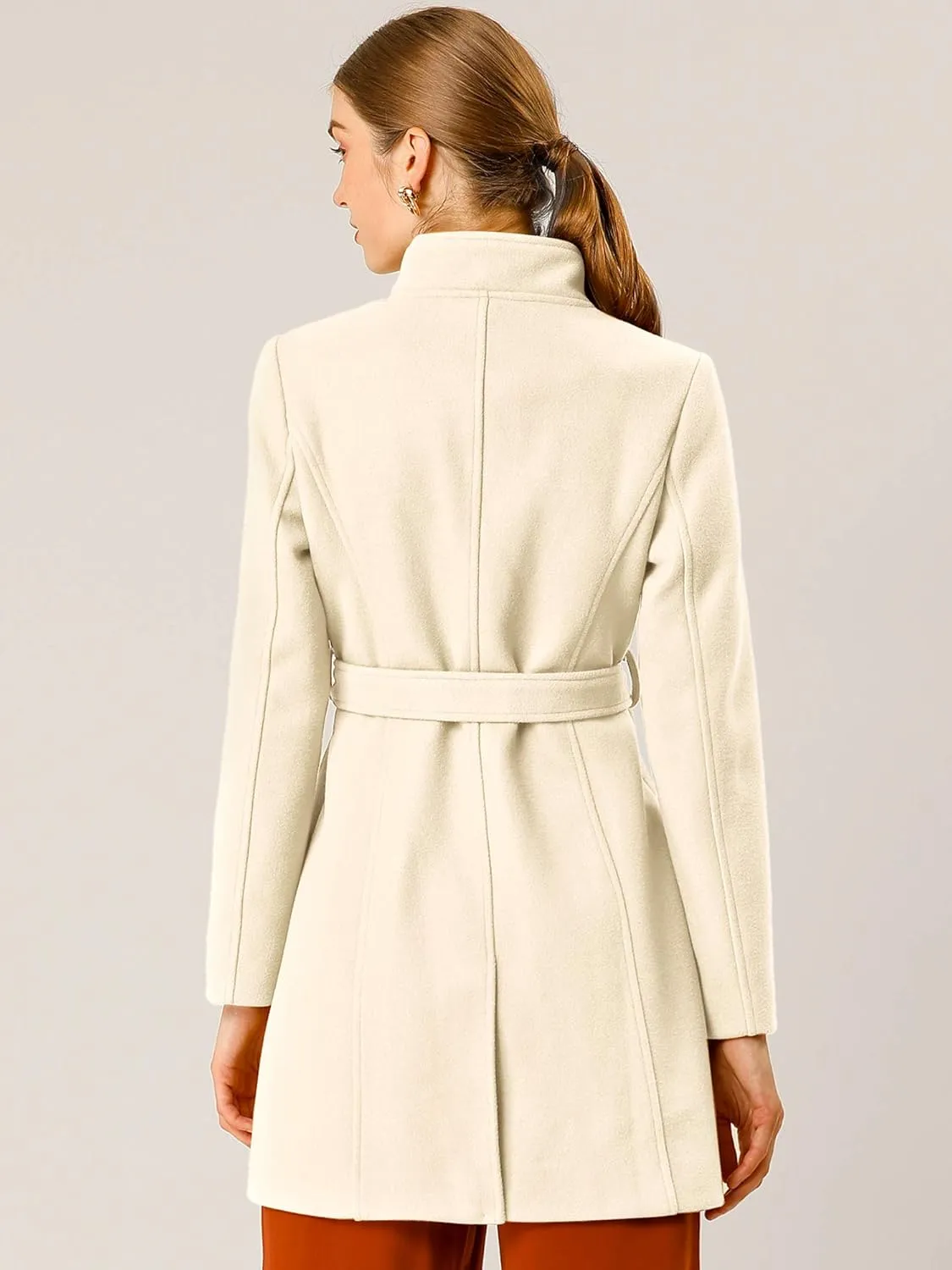 Allegra K Women's Classic Stand Collar Long Sleeve Winter Belted Long Coat