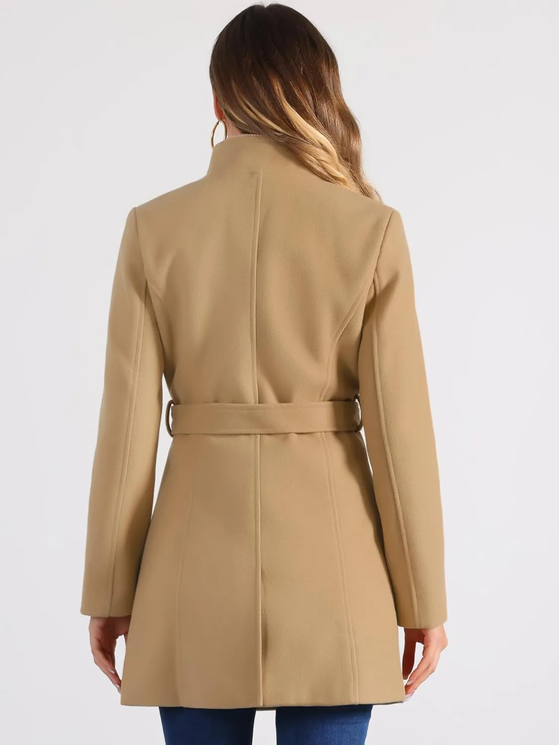 Allegra K Women's Classic Stand Collar Long Sleeve Winter Belted Long Coat
