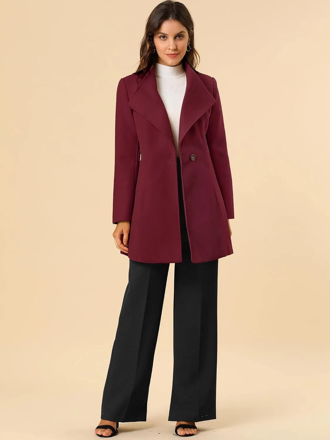 Allegra K Women's Classic Stand Collar Long Sleeve Winter Belted Long Coat