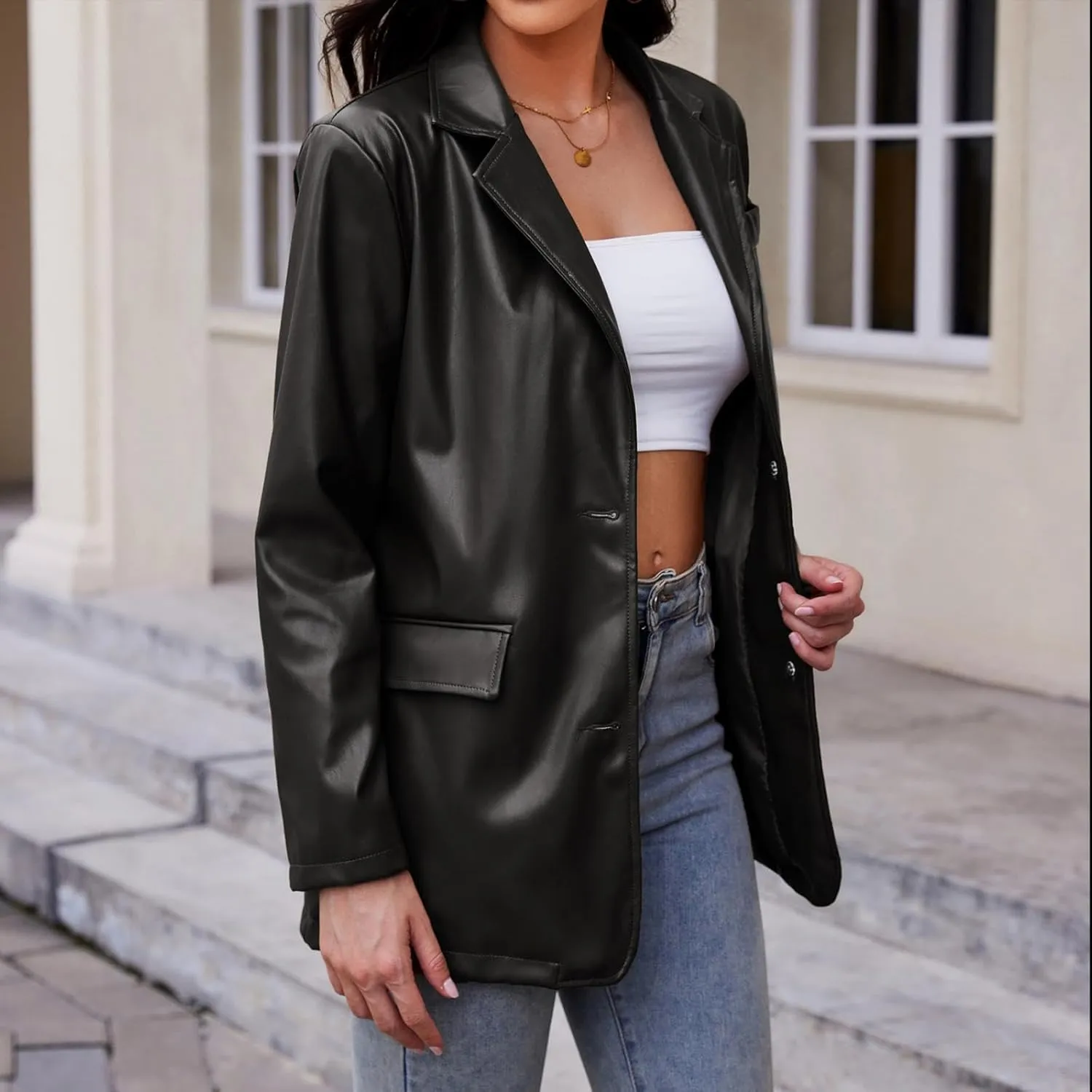 American Trends Womens Oversized Leather Jacket Faux Leather Blazer Fashion Clothes Lapel Outfits