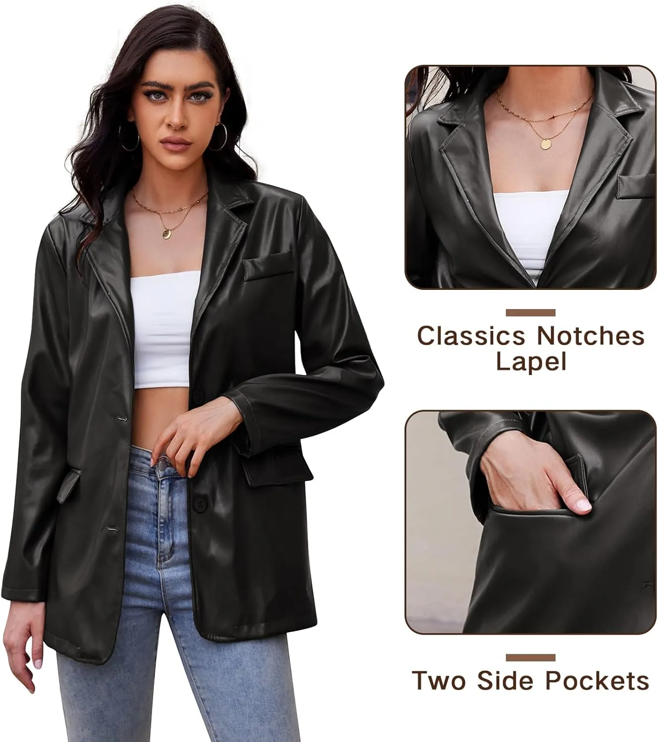 American Trends Womens Oversized Leather Jacket Faux Leather Blazer Fashion Clothes Lapel Outfits