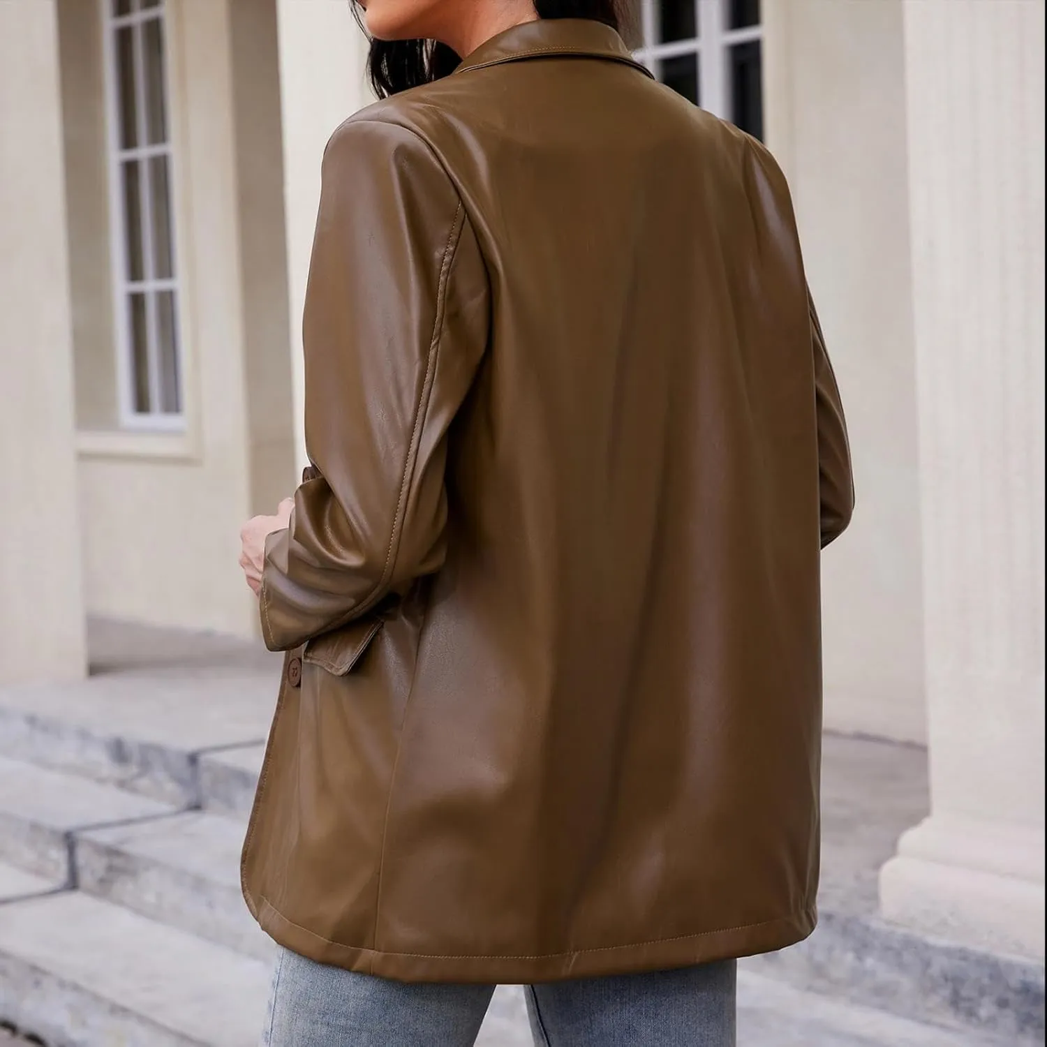 American Trends Womens Oversized Leather Jacket Faux Leather Blazer Fashion Clothes Lapel Outfits