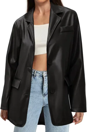 American Trends Womens Oversized Leather Jacket Faux Leather Blazer Fashion Clothes Lapel Outfits