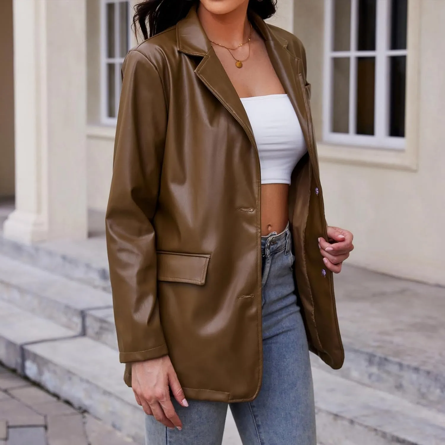 American Trends Womens Oversized Leather Jacket Faux Leather Blazer Fashion Clothes Lapel Outfits
