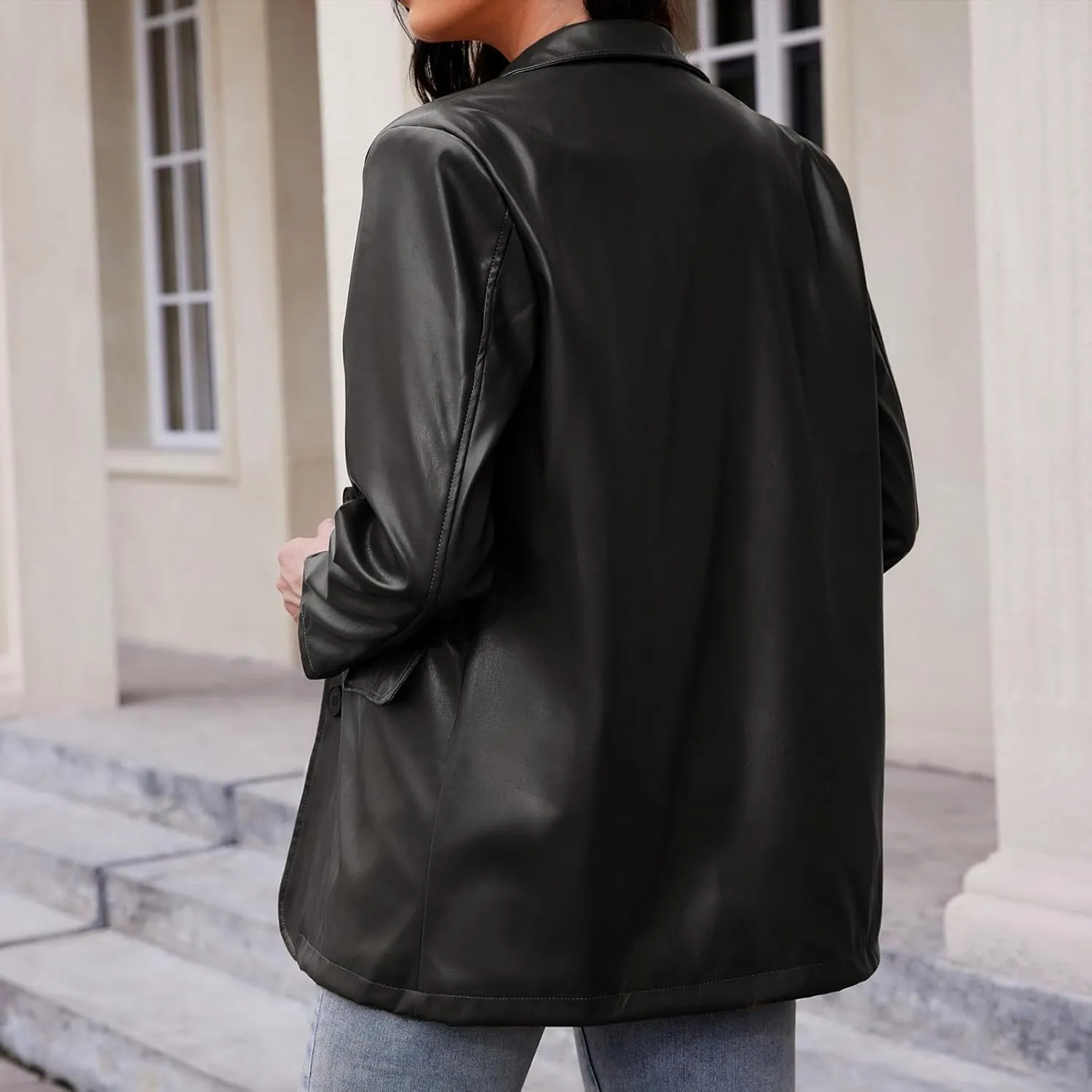 American Trends Womens Oversized Leather Jacket Faux Leather Blazer Fashion Clothes Lapel Outfits