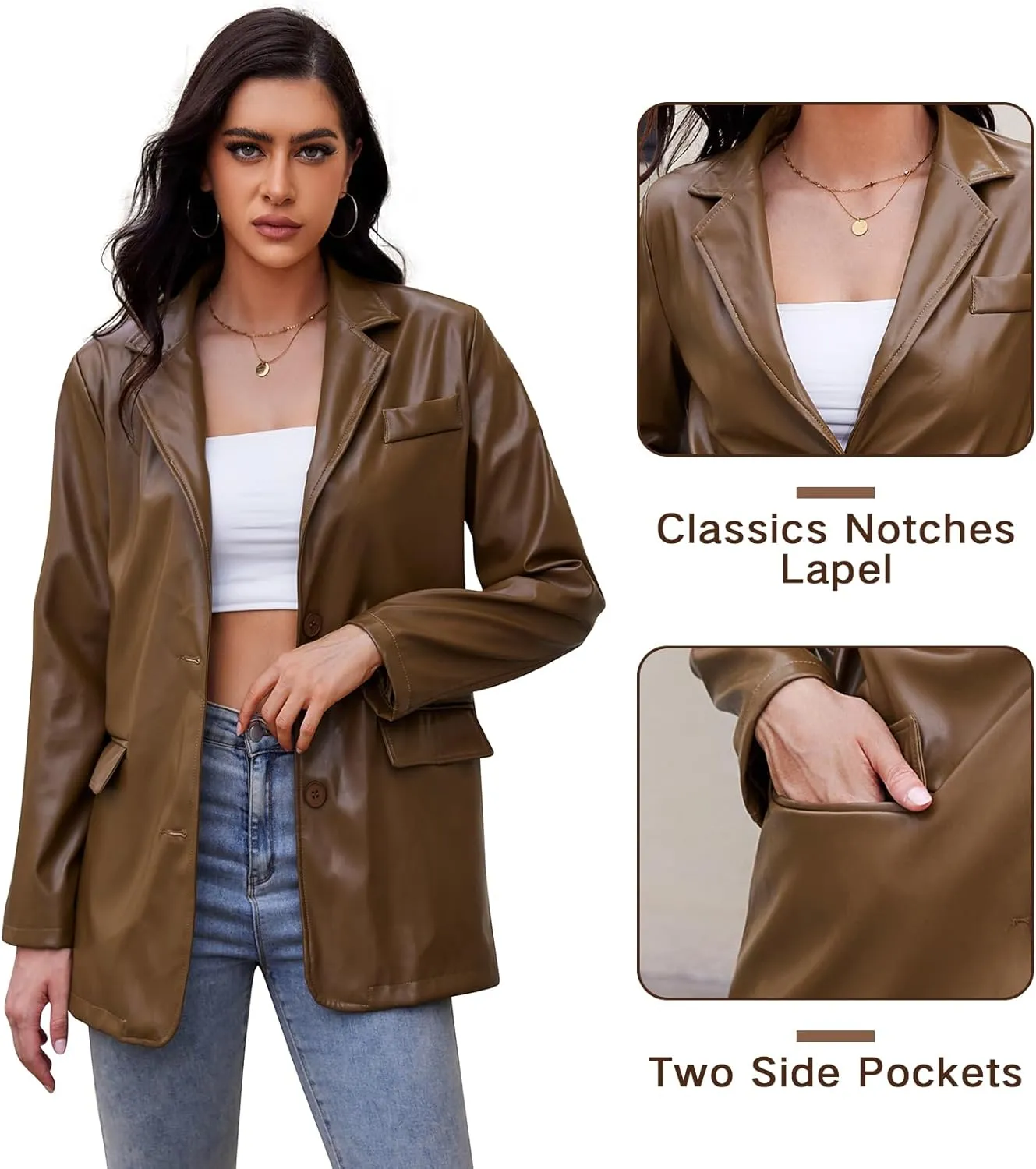 American Trends Womens Oversized Leather Jacket Faux Leather Blazer Fashion Clothes Lapel Outfits