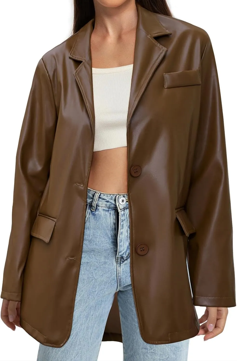 American Trends Womens Oversized Leather Jacket Faux Leather Blazer Fashion Clothes Lapel Outfits