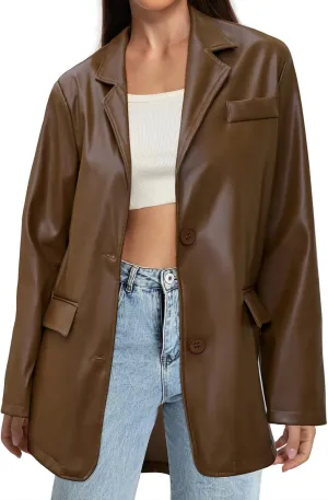 American Trends Womens Oversized Leather Jacket Faux Leather Blazer Fashion Clothes Lapel Outfits